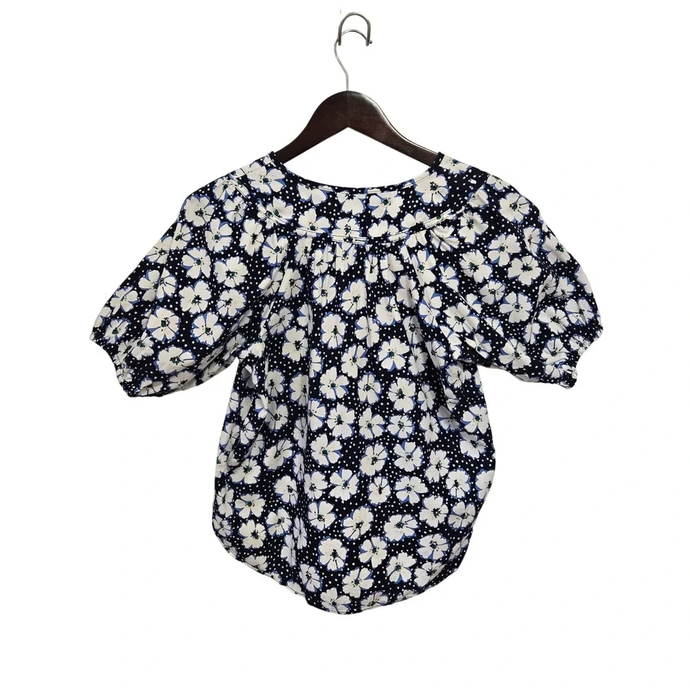 LOFT Petites‎ Navy Blue Floral Polka Dot Henley Puff Sleeve Blouse XSP RN140923